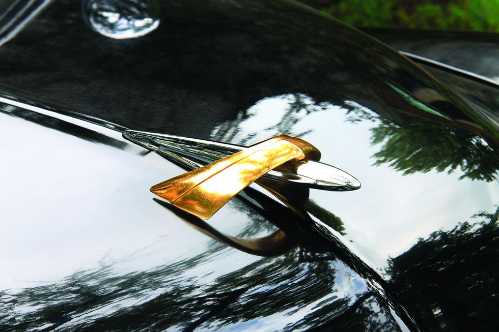 Color closeup of the hood ornament on a 1950 Mercury Monterey Sport Coupe.