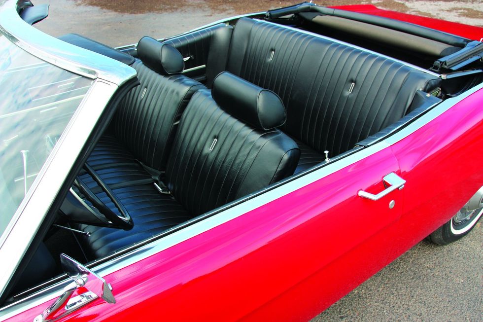 Color closeup of the interior and seating in a 1969 Ford XL convertible.
