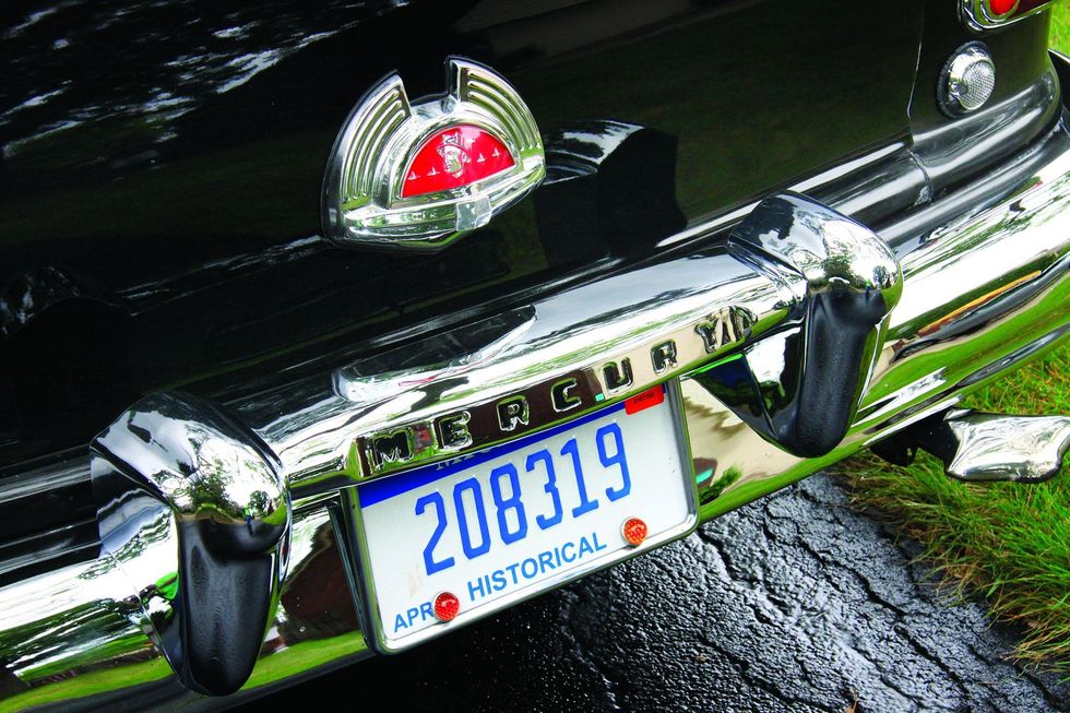 Color closeup of the rear bumper and license plate on a 1950 Mercury Monterey Sport Coupe.