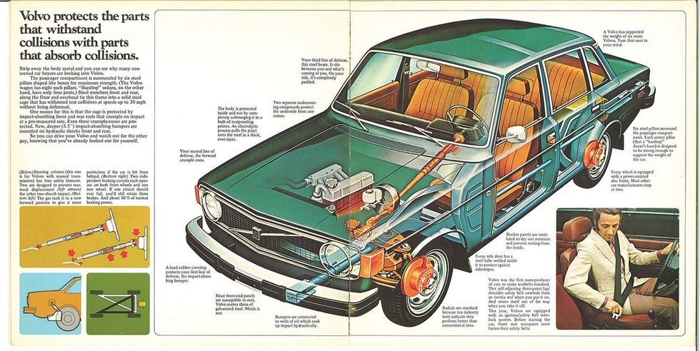 Farbabbildung des Fahrgestells und Antriebsstrangs des Volvo 140 von 1974 in einer historischen Broschüre.