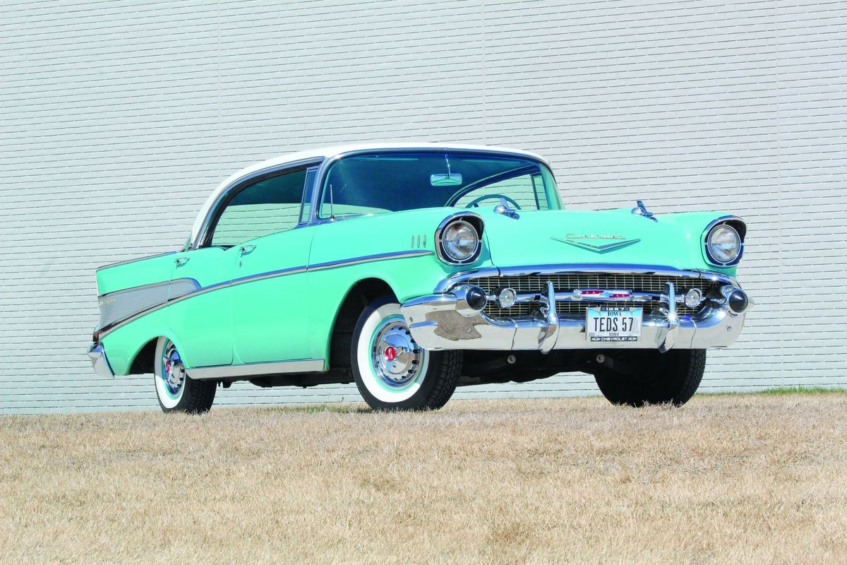 Color image of a 1957 Chevrolet Bel Air parked in a front 3/4 position.