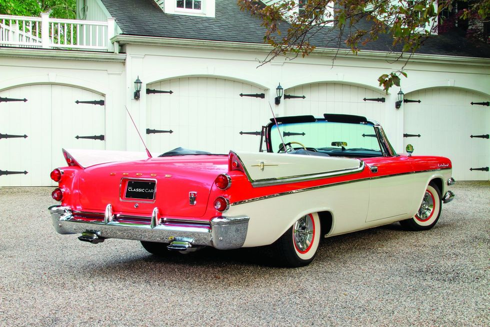 Color image of a 1957 Dodge Custom Royal D-500 parked in a rear 3/4 position.