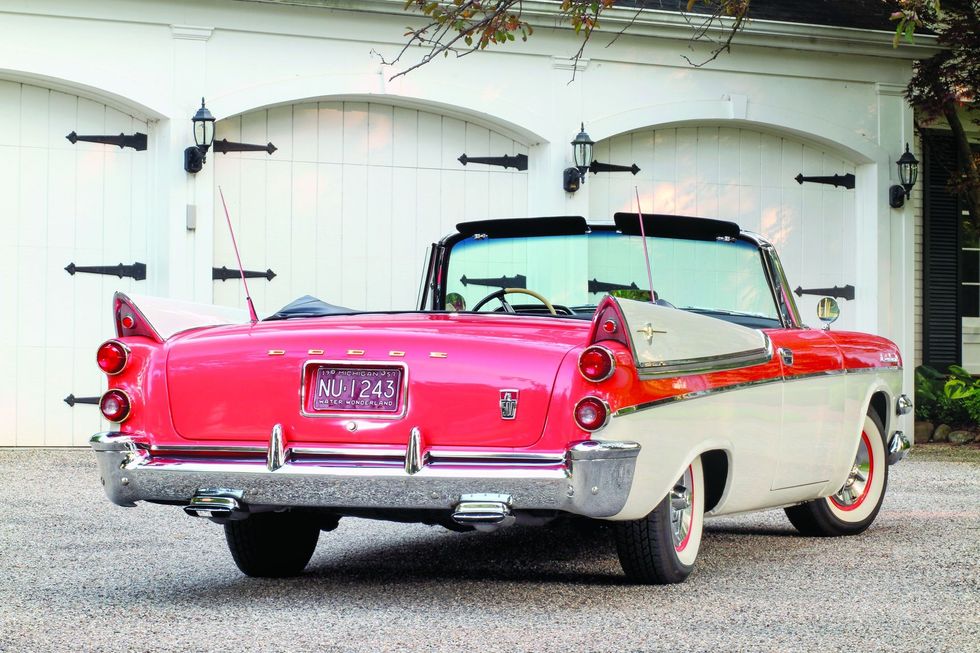 Color image of a 1957 Dodge Custom Royal D-500 parked in a rear 3/4 position.