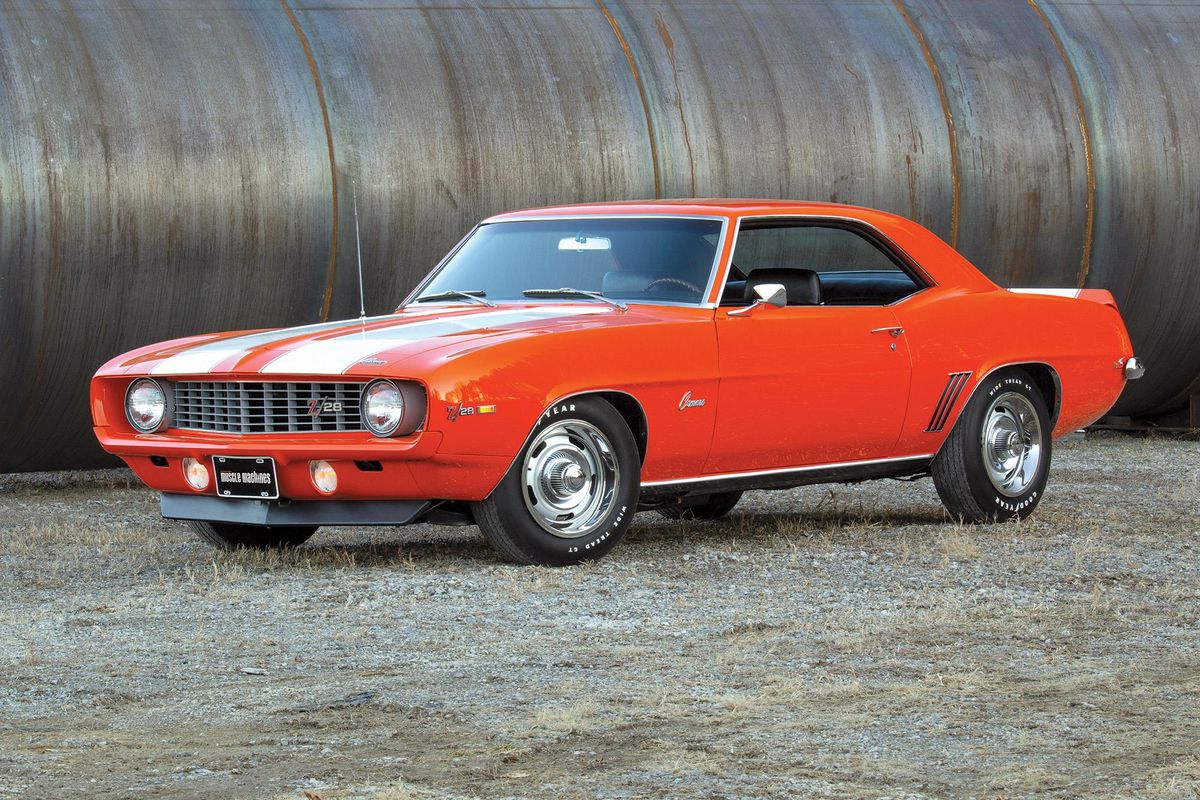 Color image of a 1969 Chevrolet Camaro Z/28 parked in a front 3/4 position.