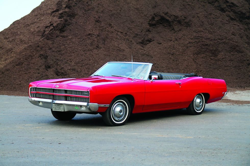 Color image of a 1969 Ford XL convertible with the top down parked in a front 3/4 position.