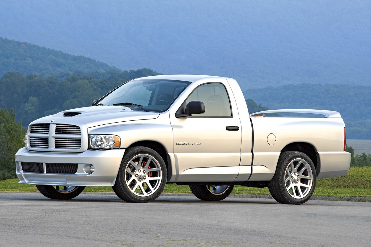 Color image of a Dodge SRT-10 Viper Truck parked in a front 3/4 position.