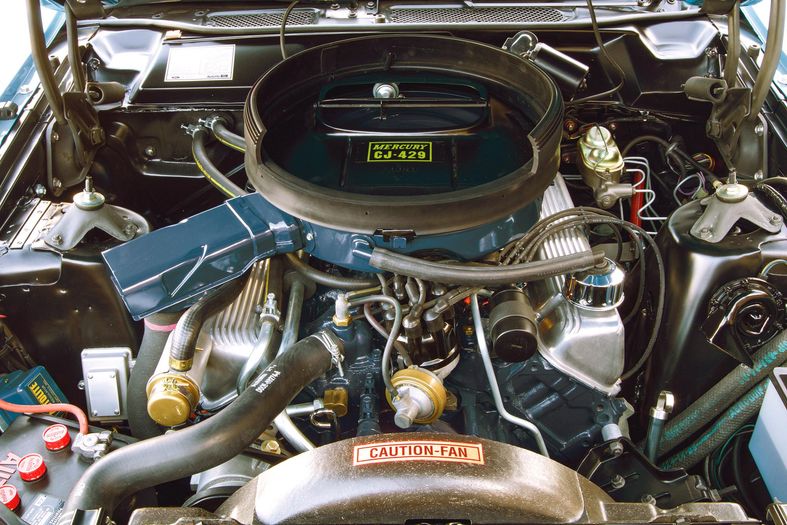 Color image of an engine bay in a 1970 Mercury Cyclone Spoiler, Cobra Jet 429.