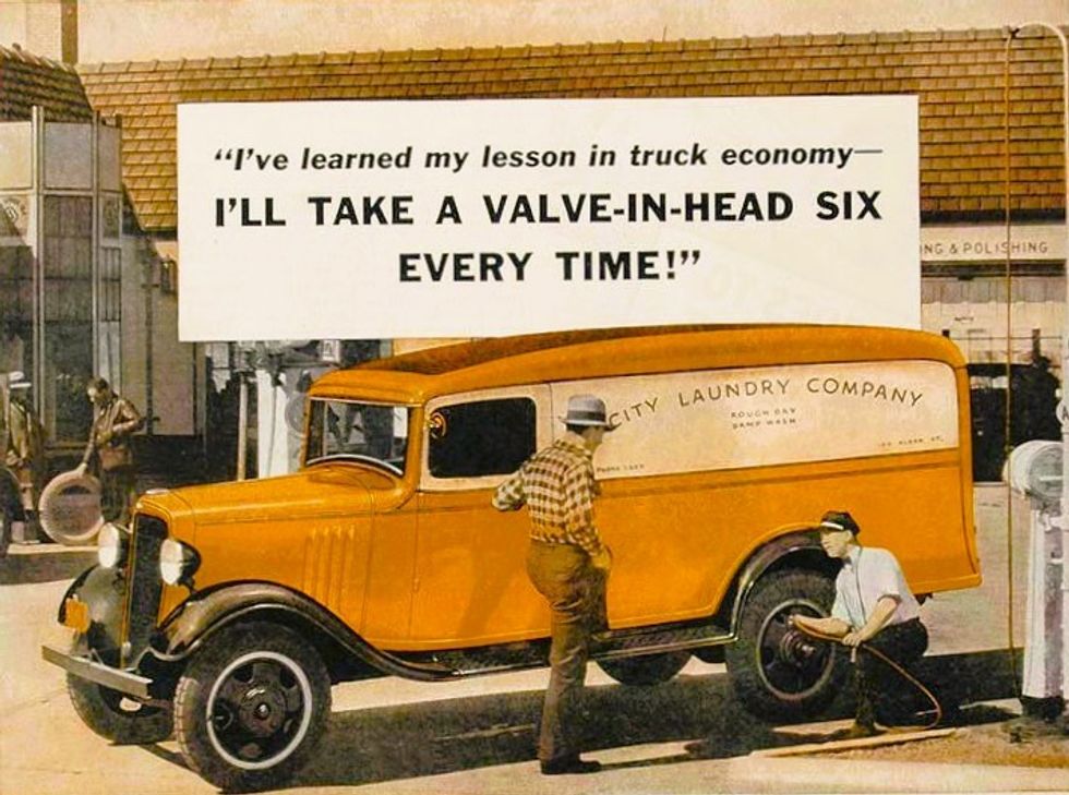 Detail from a 1934 Chevrolet panel truck advertisement. A yellow panel truck with 