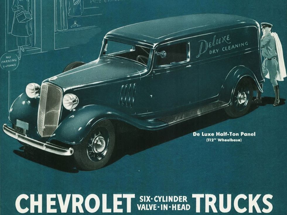 Detail from a 1935 Chevrolet ad for "Chevrolet six-cylinder valve-in-head trucks" showing a green De Luxe Half-Ton Panel with "Deluxe Dry Cleaning" lettered on the side.