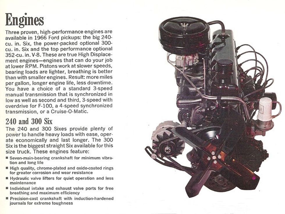 Detail from a 1966 Ford truck brochure detailing the 240- and 300-cu.in. six-cylinder engines.
