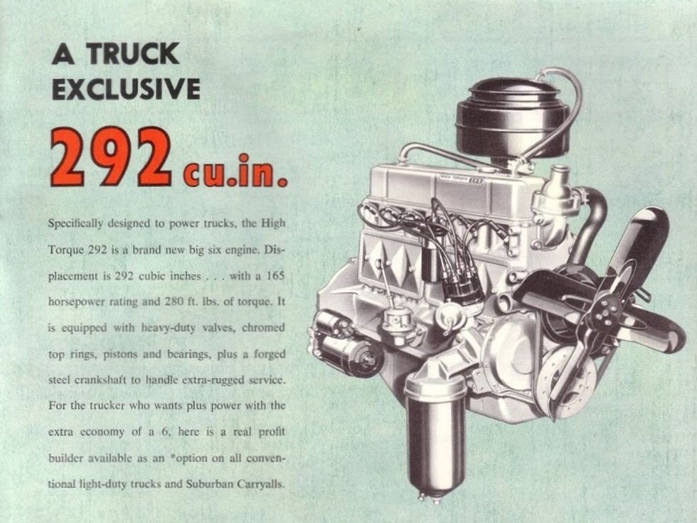 Detail from a Canadian 1963 Chevrolet trucks brochure showing the "Truck Exclusive 292 cu.in." six-cylinder engine.