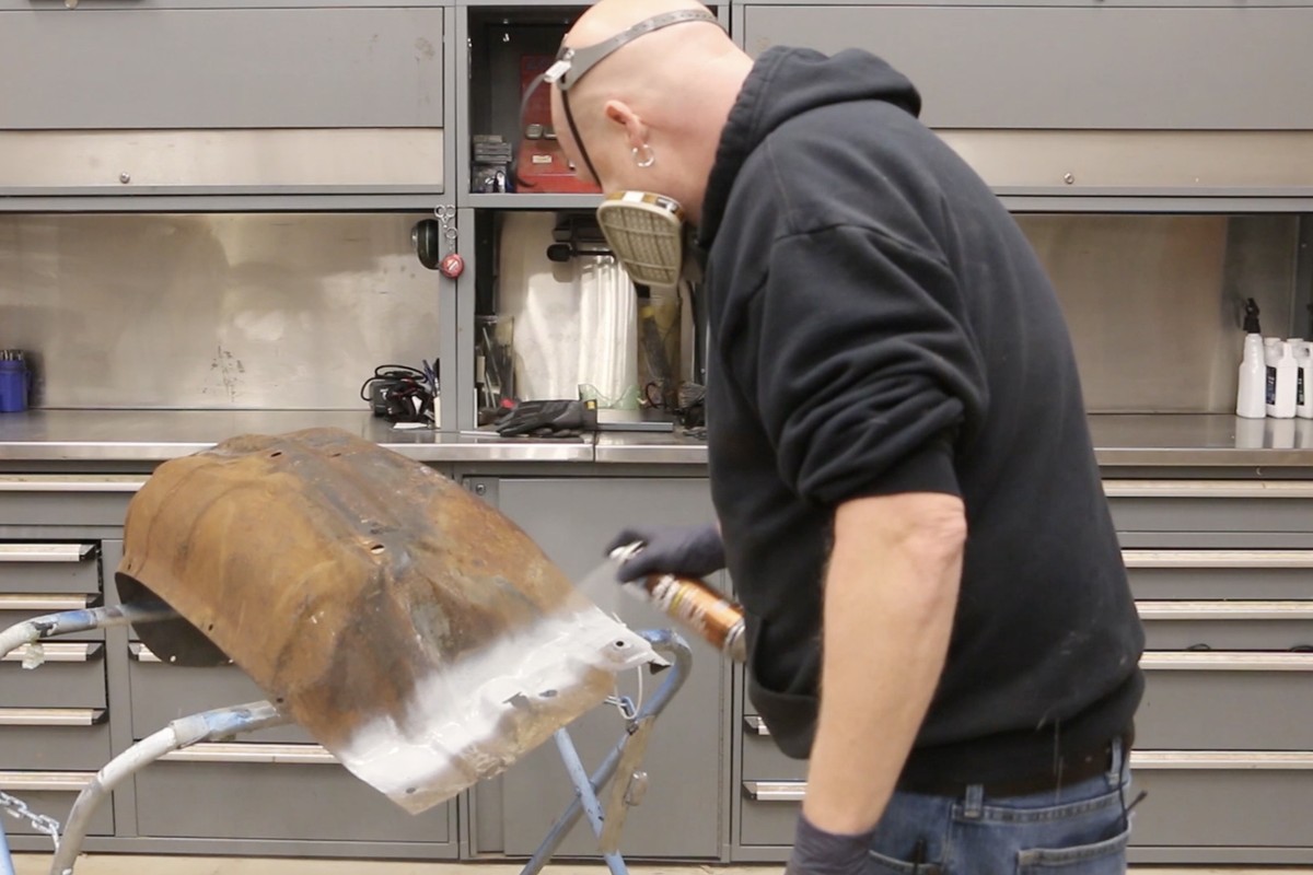 POR-15 - Spraying POR-15 Weld-Thru Primer onto surface