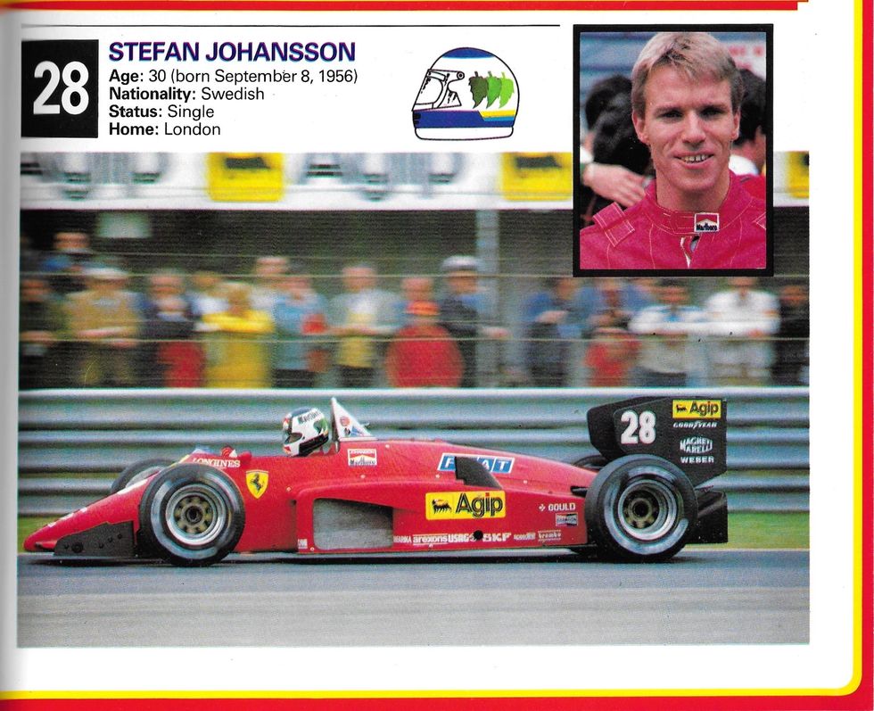 Stefan Johnsson's entry in the souvenir program from the 1985 Grand Prix of Europe at Brands Hatch
